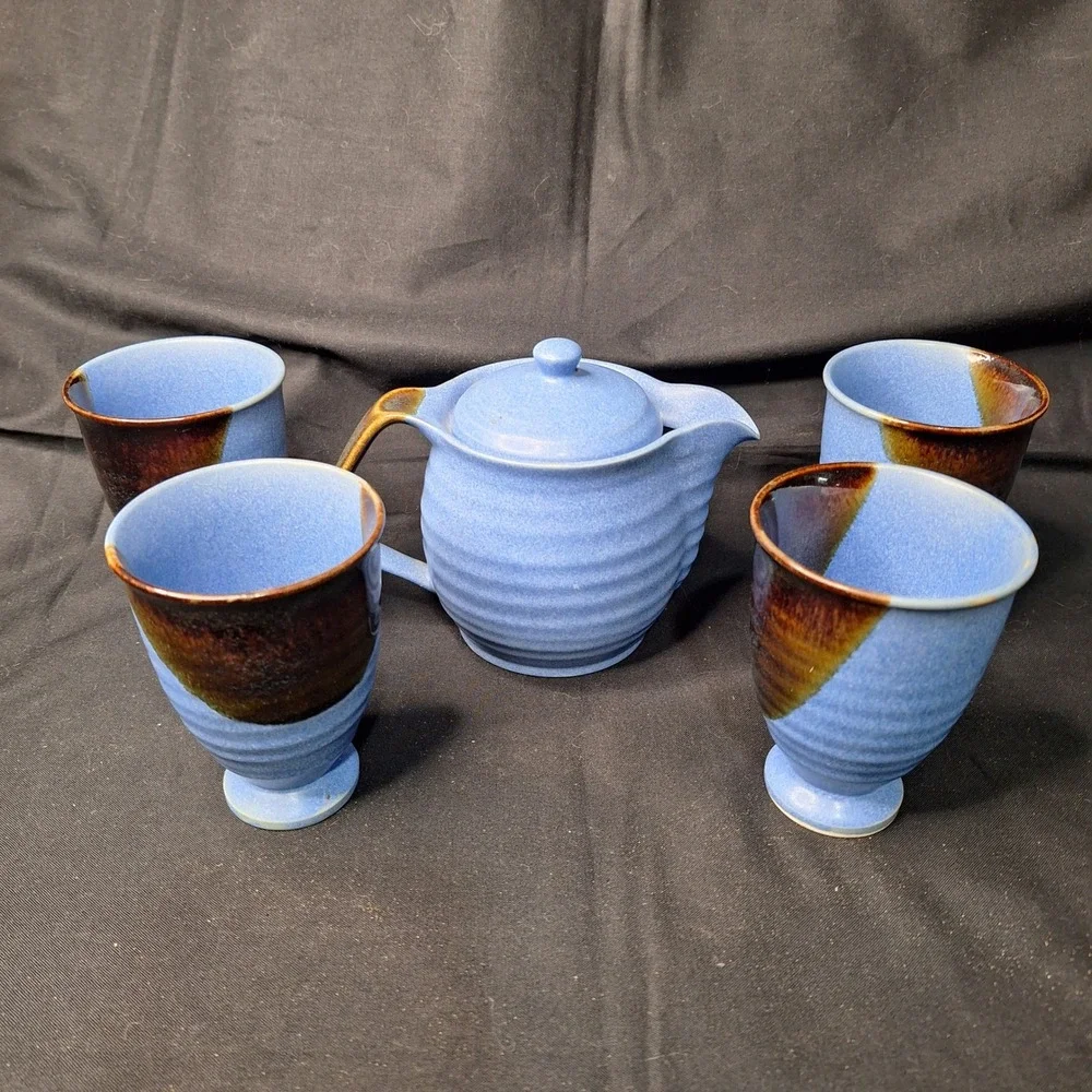 Andrea by Sadek Chopsticks Blue Ceramic Tea Set Teapot 4 Cups‎ Made in Japan